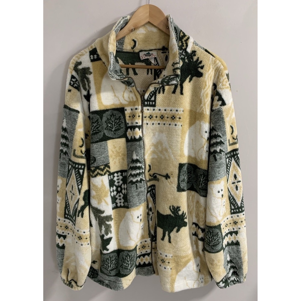 Vintage Fleece Jacket Women's XL Beige Green Polar Bears Moose Print Geometric